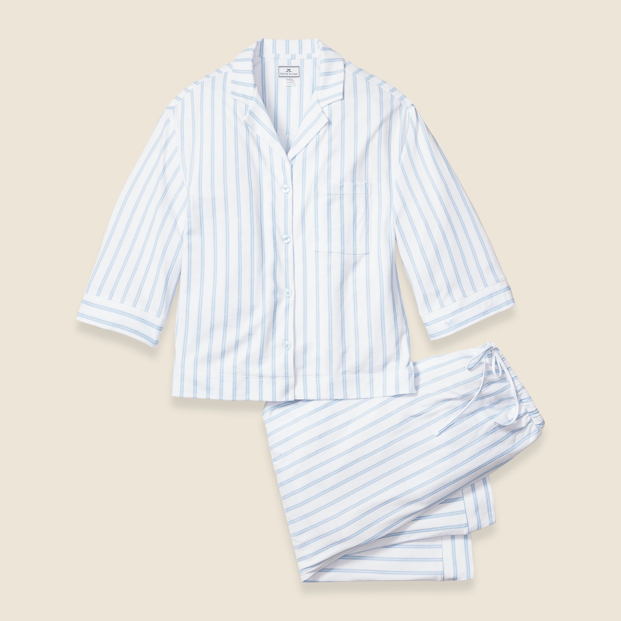 womens Petite Plume&trade; women's wide-leg pajama set in luxe Pima cotton stripe