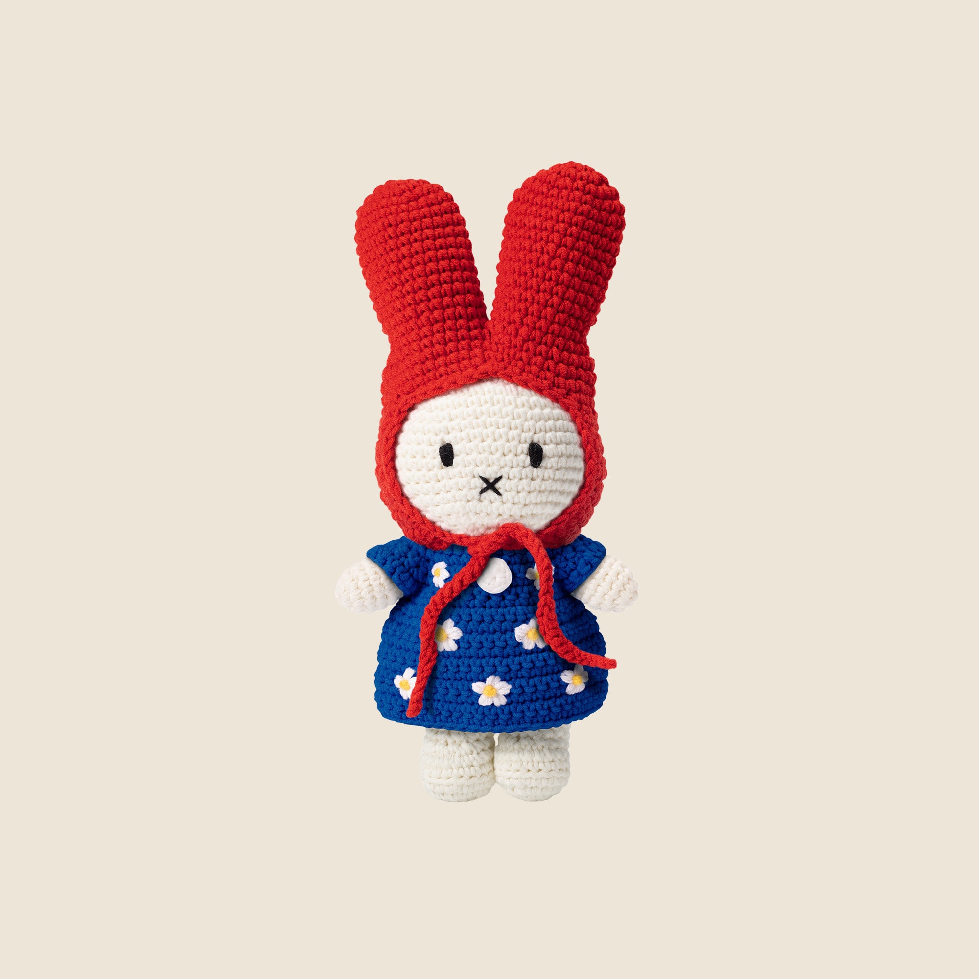womens Just Dutch handmade Miffy doll in blue flower dress and red hat