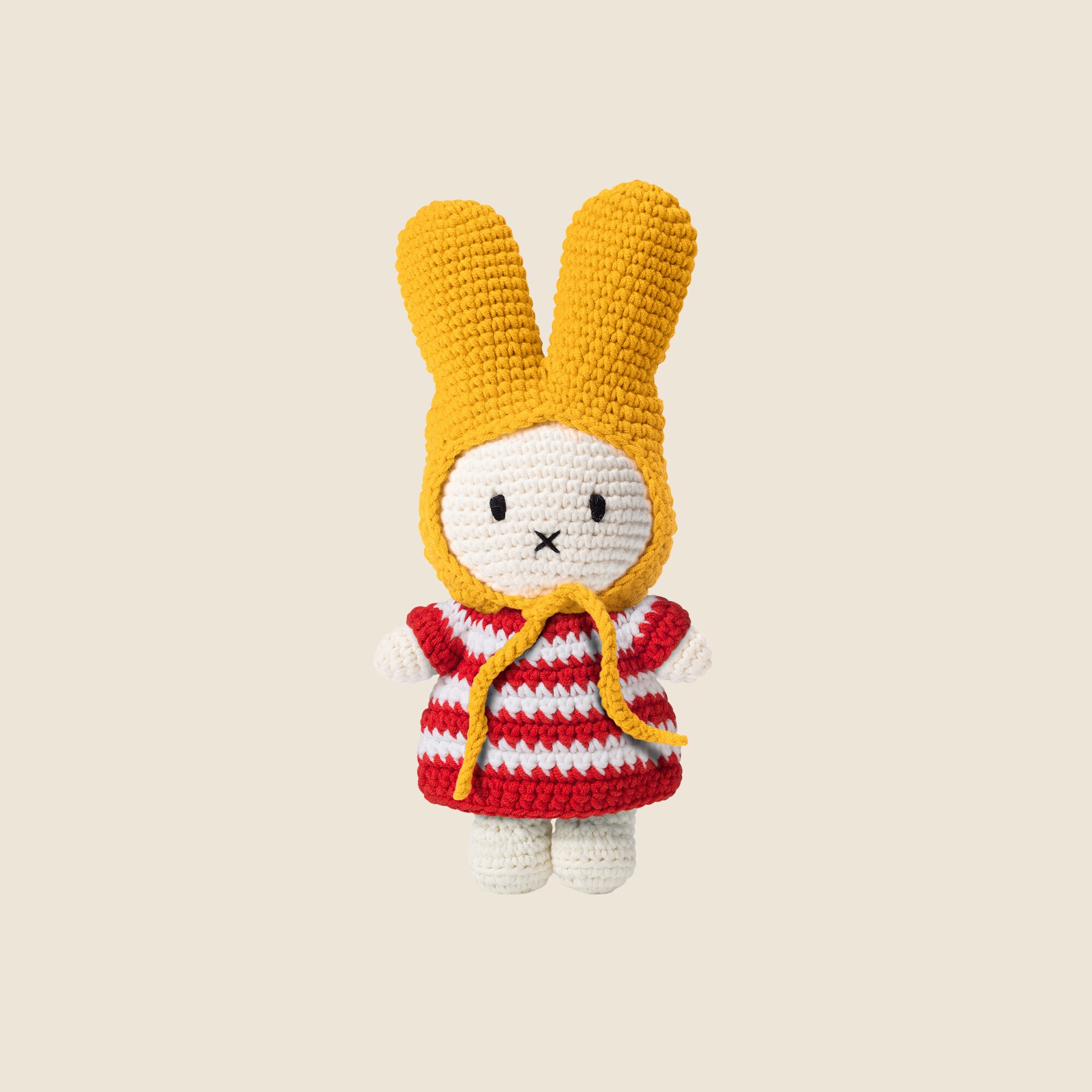 womens Just Dutch handmade Miffy doll in red striped dress and yellow hat